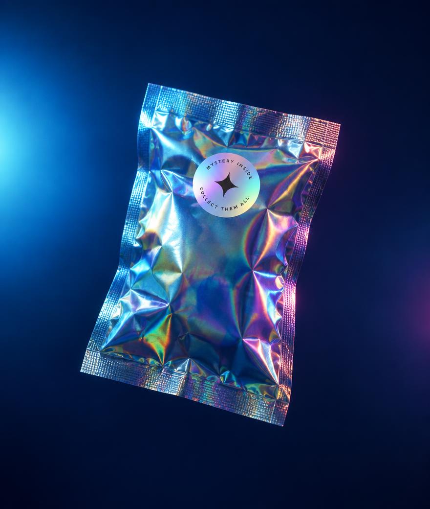 A sealed iridescent foil blind bag with a sticker seal